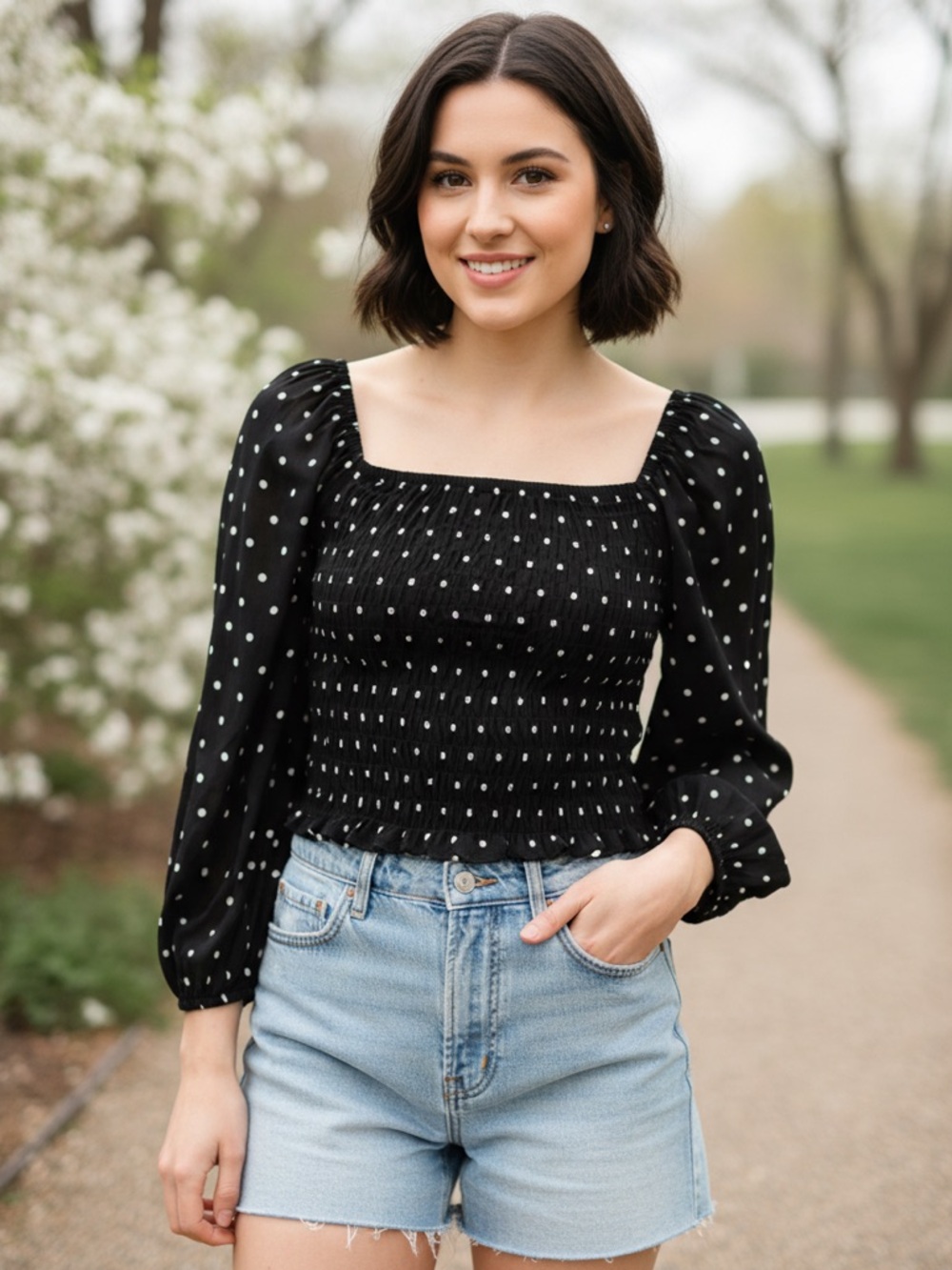 Zara Polka Dot Ruched Crop Top Size S Black Sheer Puff Sleeve Whimsigoth